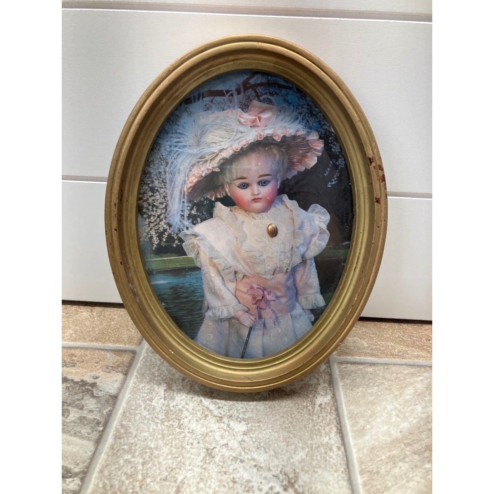 Vintage‎ Victorian Bisque Doll Oval Framed Print Gold Tone Wall Decor 8.5x6.5